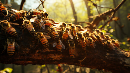 large colony of bee insects nesting in a tree, 3d generative ai