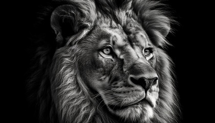 Majestic lion staring, teeth bared, in black and white portrait generated by AI