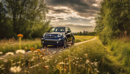 Sports car speeds through meadow, chrome wheels shining in sunlight generated by AI