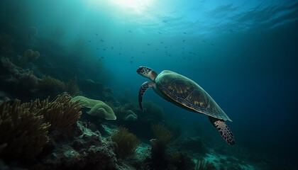Naklejka na ściany i meble Endangered sea turtle swimming in idyllic tropical reef environment generated by AI
