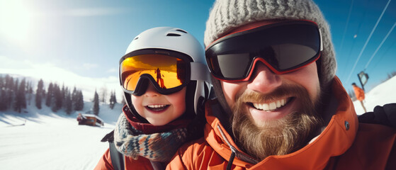 Selfie of happy father and son in snowboard equipment, glases on snowy ski resort. Familly vacation. Winter holidays concept. Generative ai