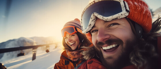 Selfie of smiling snowboarders or skiers couple in equipment on snowy mountain resort. Winter traveling, vacation.Generative ai - obrazy, fototapety, plakaty