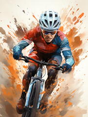 Cyclist riding the bike on a grunge splash background. Riding the Bike on the Trail. Extreme Sport.