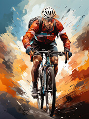 Cyclist riding the bike on a grunge splash background. Riding the Bike on the Trail. Extreme Sport. - obrazy, fototapety, plakaty