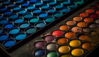 Beauty product set with vibrant colors, eyeshadow palette for glamourous make up generated by AI