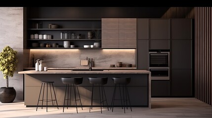 black and dark wooden colour kitchen builtin furniture home interior design background kitchen design with stylish colour and material scheme decorating kitchen in daylight,ai generate - obrazy, fototapety, plakaty