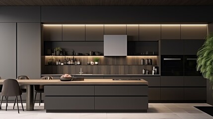 black and dark wooden colour kitchen builtin furniture home interior design background kitchen design with stylish colour and material scheme decorating kitchen in daylight,ai generate - obrazy, fototapety, plakaty