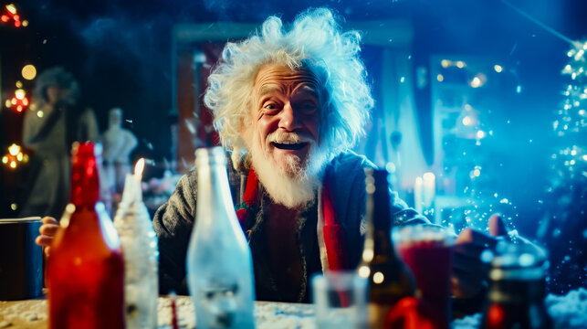 Man with white hair and beard sitting at table with bottles.