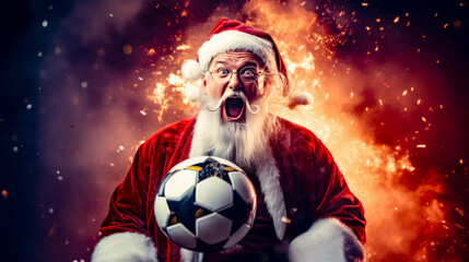 Man dressed as santa claus holding soccer ball in front of fire.