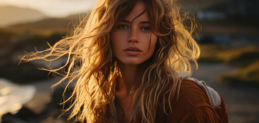 Young adult attractive scandinavian woman, sunset light, beautiful lady pretty model with curly hair, freckles looking at camera on outdoor, close up face portrait. Skin care, natural beauty
