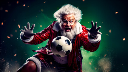 Naklejka premium Man dressed as santa claus with soccer ball in his hand and wearing glasses.
