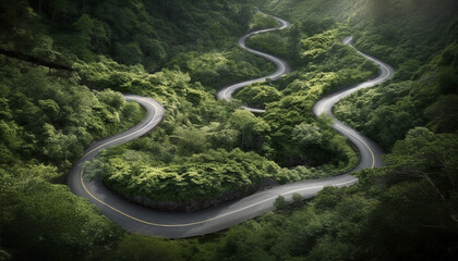Driving on winding rural roads, surrounded by green nature generated by AI