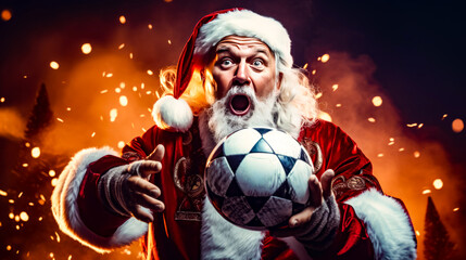 Man dressed as santa claus holding soccer ball in front of fire.