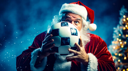 Man dressed as santa claus holding soccer ball in front of his face.