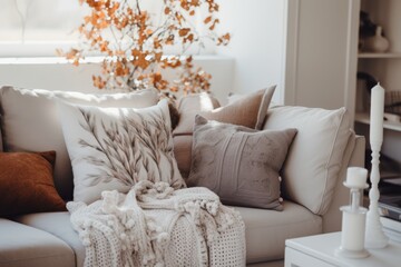 white beige cloth blanket on grey contemporary soft and comfort armchair close up beautiful cosy...
