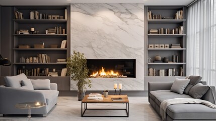 beautiful armchair sit in living room with libraby book shelf and stone marble wall fire place...