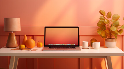 Modern desk, dominant orange color, laptop, table lamp, and flower on white table 