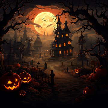 a haunted house background with halloween pumpkins