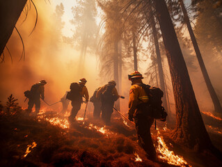 California wildfire, trees ablaze, firefighters in protective gear, battling the fire, thick plumes...