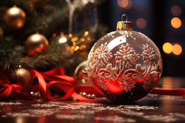 Magical Christmas Ball, Close-up, Amidst Enchanted Firs. Generative  AI 