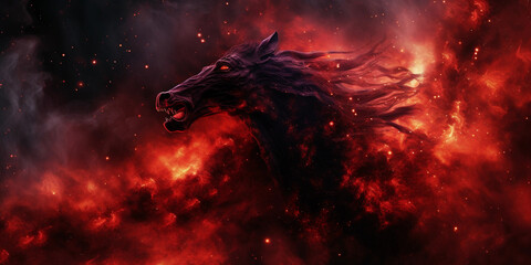 Horsehead Nebula, dark silhouette foreground, glowing red background gas, intricate fractal patterns, contrast levels maximized