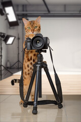 Bengal cat with a SLR camera in front of a photo studio. - obrazy, fototapety, plakaty