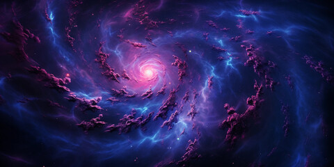 Whirlpool Galaxy interacting with the nebula, gravitational dance, glowing purple and electric blue...