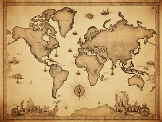 Vintage - style world map, parchment texture, inked outlines, sepia - toned, countries and oceans labeled, compass rose in the corner