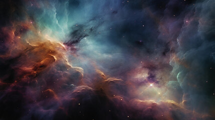 Orion Nebula, celestial hues of purple, teal, and gold, cosmic swirls, dust clouds, star - forming region, gaseous expanse