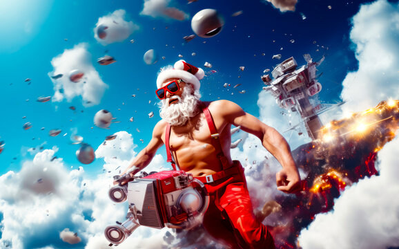 Man in santa claus outfit with boombox in his hand.
