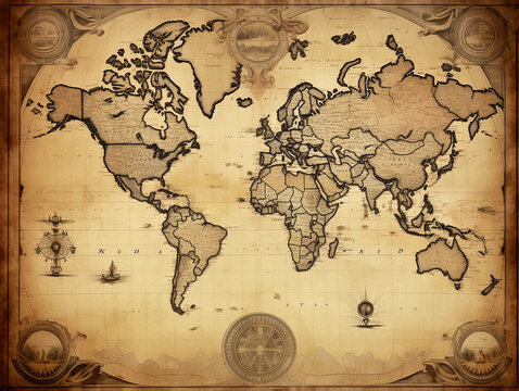 Vintage - style world map, parchment texture, inked outlines, sepia - toned, countries and oceans labeled, compass rose in the corner