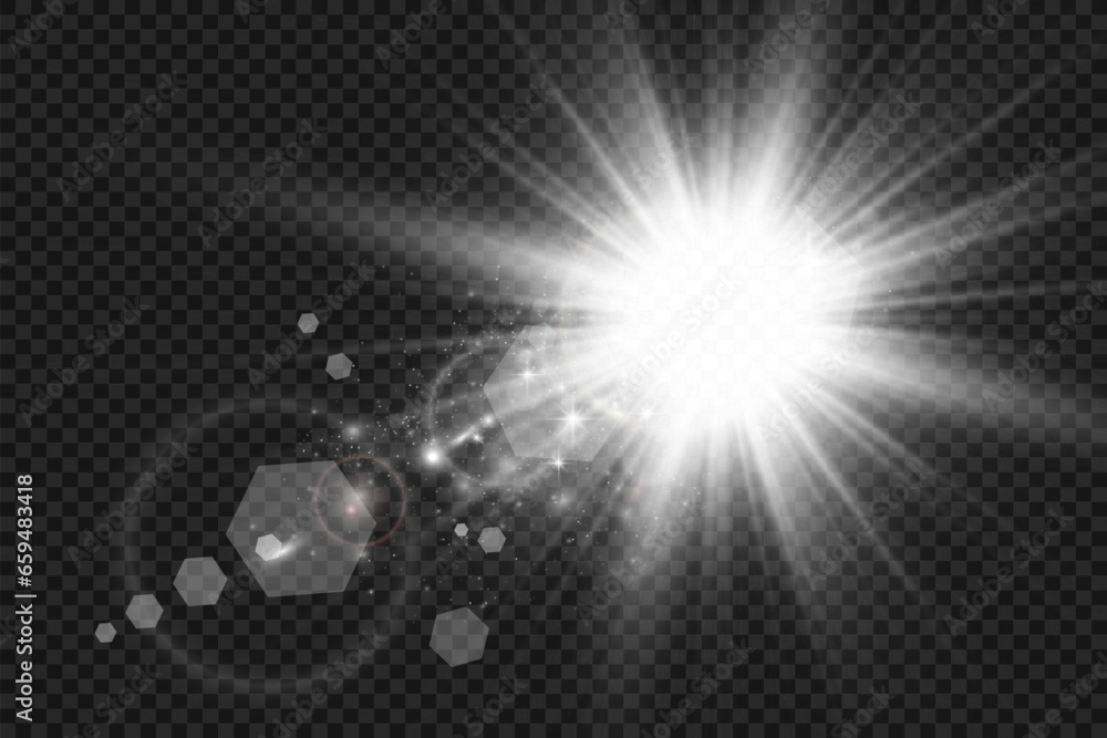 Poster special lens flash, light effect. the flash flashes rays and searchlight. illust.white glowing light
