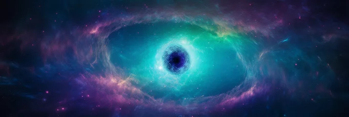 Foto op Aluminium The mesmerizing Helix Nebula, often called the Eye of God, deeply realistic, vivid shades of teal, azure, and lavender, concentric rings, infrared view © Marco Attano