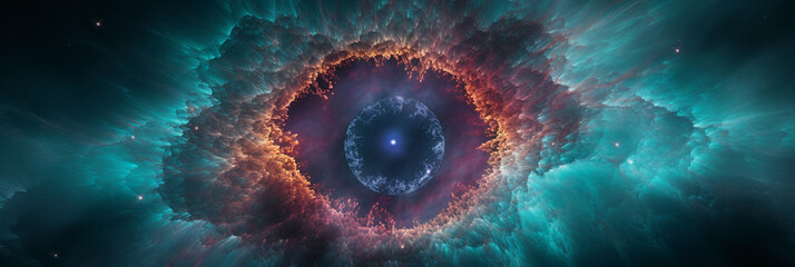 The mesmerizing Helix Nebula, often called the Eye of God, deeply realistic, vivid shades of teal, azure, and lavender, concentric rings, infrared view - obrazy, fototapety, plakaty