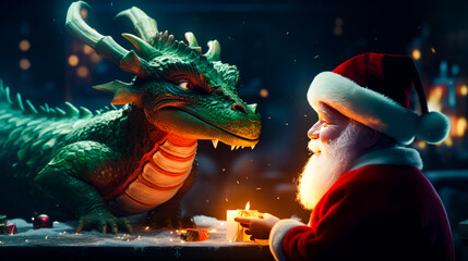 Man in santa claus hat lighting candle next to dragon.