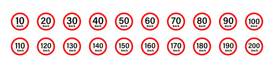 Speed limit icon. Highway speed limit icon collection. Speed limit vector signs collection - obrazy, fototapety, plakaty