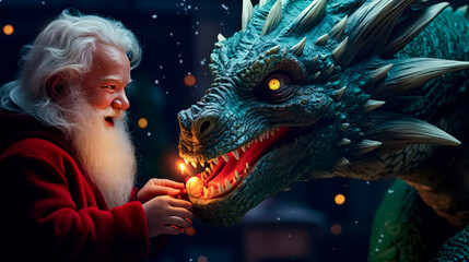 Man with beard holding lit candle next to statue of dragon.