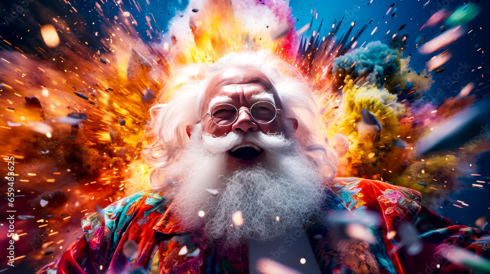 Poster man with beard and glasses in front of multicolored background.