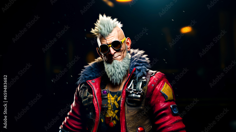 Poster man in red jacket and sunglasses standing in front of dark background.
