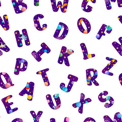 Space abc seamless pattern. English alphabet letters. Stars, planets, rockets, astronauts, galaxy, comet, asteroid, meteor. Isolated on white background