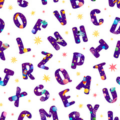 Space abc seamless pattern. English alphabet letters. Stars, planets, rockets, astronauts, galaxy, comet, asteroid, meteor. Isolated on white background