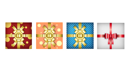 Set of gifts box. Collection realistic 3d gift presents view top. Vector illustration. Set of Christmas gifts wrapping paper. Christmas presents for social media, blog articles.