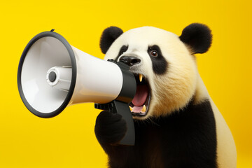 panda with megaphone on yellow background