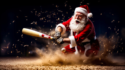 Man dressed as santa claus is hitting baseball with baseball bat. - obrazy, fototapety, plakaty