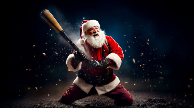 Man dressed as santa claus holding baseball bat in his right hand.