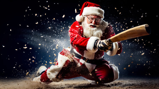 Man dressed as santa claus holding baseball bat in his right hand.