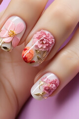 Woman's fingernails with  floral nail art design