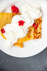 sweet crepe whipped cream pancakes portion crepes delicious dessert meal food snack on the table copy space food background rustic top view