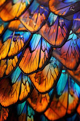 Macro view of butterfly wing showing intricate patterns and vibrant colors.