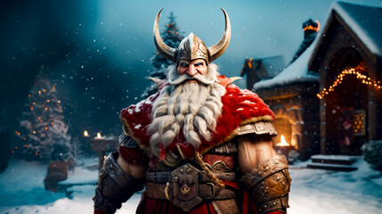 Man dressed as viking standing in front of snow covered building.